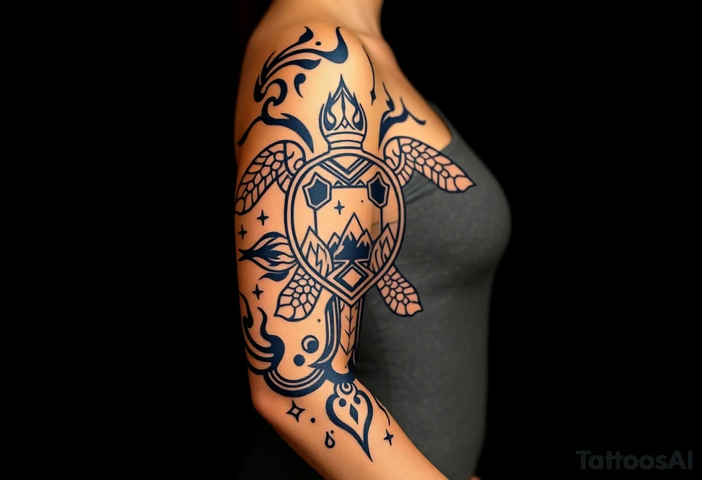 turtle sleeve with mountains, fire, water, air tattoo idea