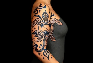 turtle sleeve with mountains, fire, water, air tattoo idea