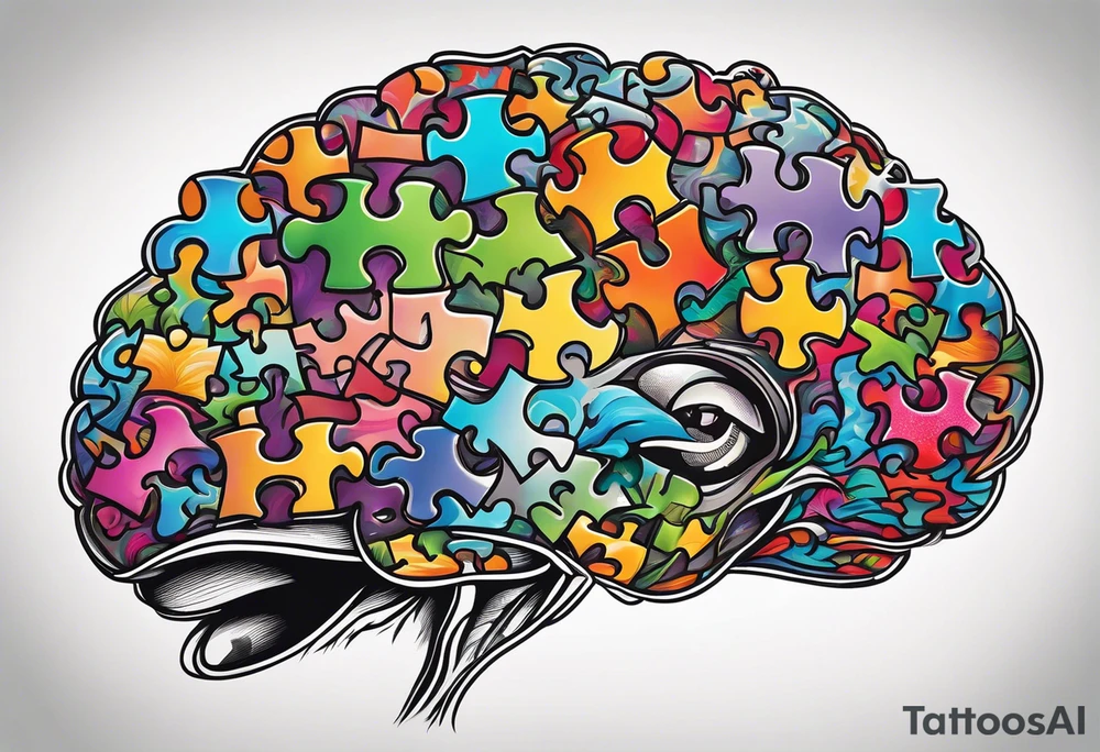 anthropomorphic brain made of puzzle pieces tattoo idea