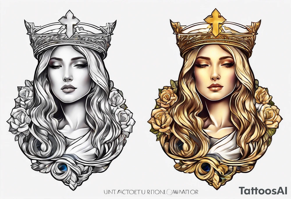 holy saint woman turned away with golden halo holding a chalice tattoo idea