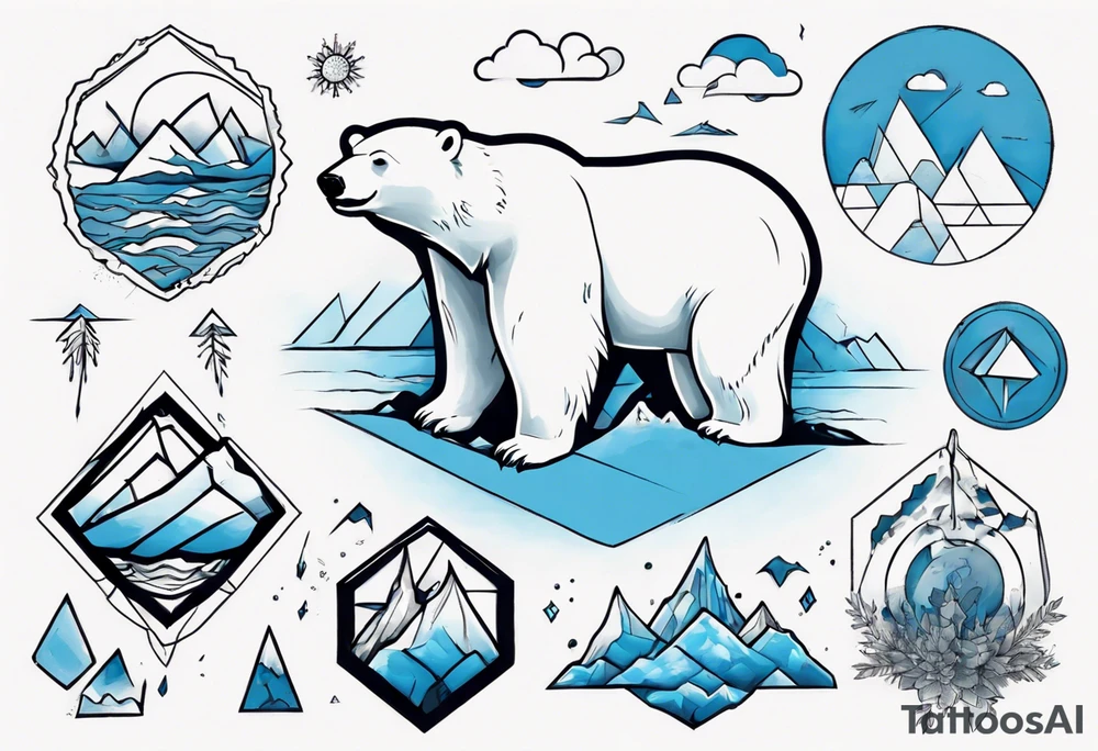 arm tattoo of weather and a little muscular polar bear and ice berg and some nature make colors primary black and white with a little blue tattoo idea