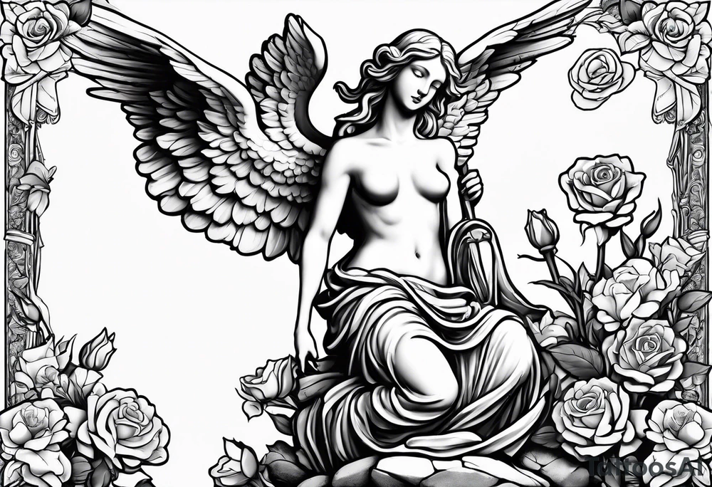 Angel statue stood on a rock with daffodils and roses wrapped around its legs tattoo idea