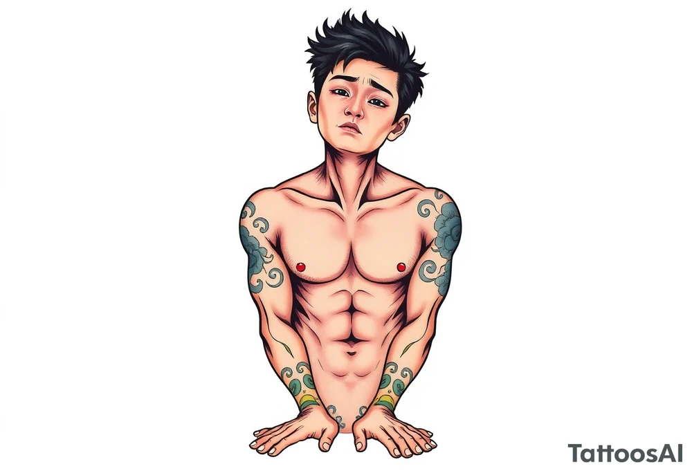 Handsome Asian young guy is standing on his knees upset tattoo idea