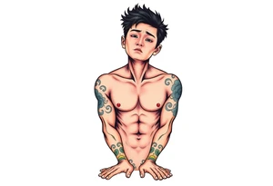 Handsome Asian young guy is standing on his knees upset tattoo idea