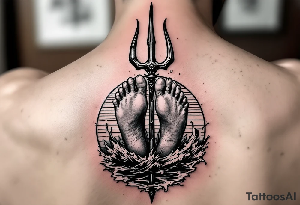 barefeet behind trident with water and sunset tattoo idea