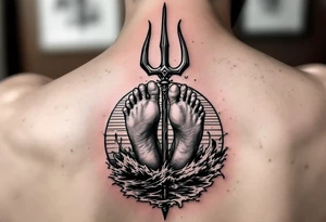 barefeet behind trident with water and sunset tattoo idea