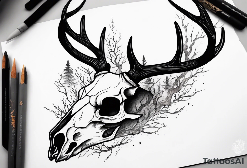 scary side view of a DECAYING deer skull JUST BONE surrounded by a forest fire in background tattoo idea
