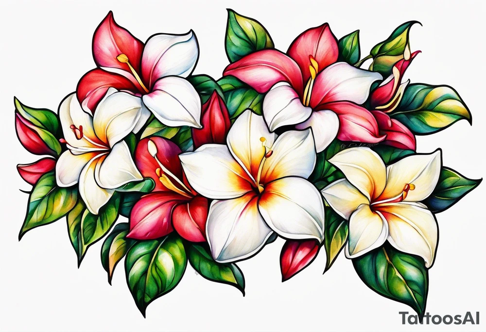 white background, abstract mandevilla flowers on a vine, no stamen in the flowers tattoo idea