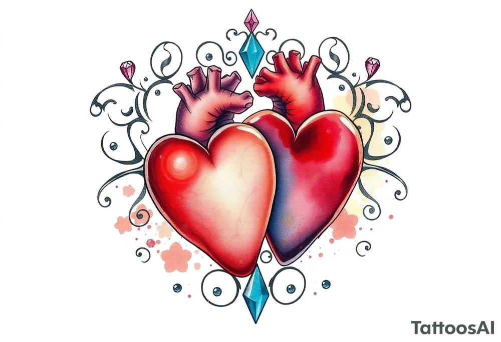 Two hearts surrounded by filigree and crystal or gem accents tattoo idea