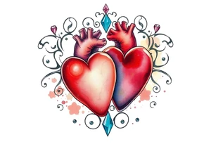 Two hearts surrounded by filigree and crystal or gem accents tattoo idea