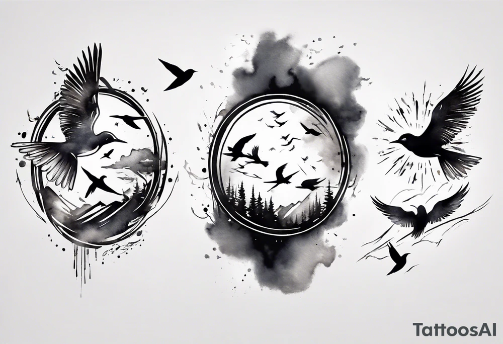 shoulder tattoo with light rays with birds flying free among the clouds, round shape, 3d effect tattoo idea shoulder tattoo with light rays with birds flying free among the clouds, round shape, 3d effect tattoo idea