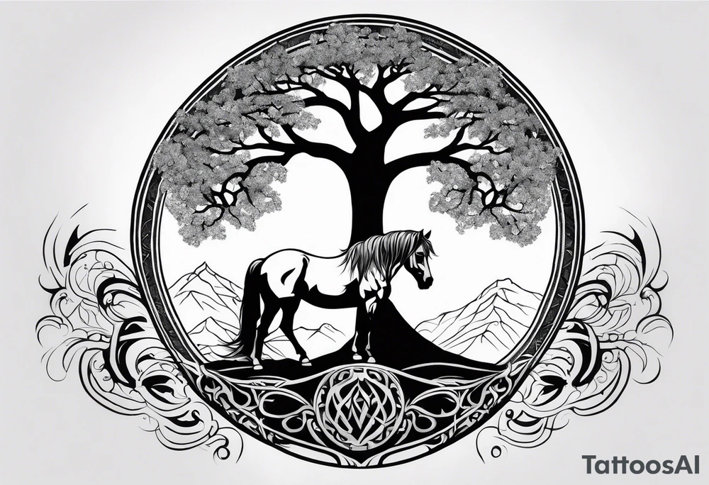 Realistic Horse and Yggdrasil tree tattoo idea