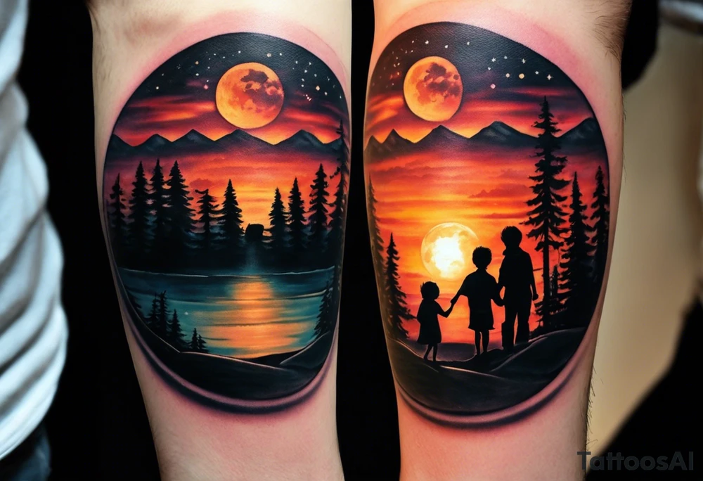 Tattoo of a family of four on a male forearm 
- dad, mom and two boys around a campfire.  Background is a sunset at the bottom, night at the top with a big beautiful moon. I would like it to be encased in a circle with the words "All that I need is the air that I breathe, and all that I need are things I don't need, and all that really matters is what matters to me". tattoo idea