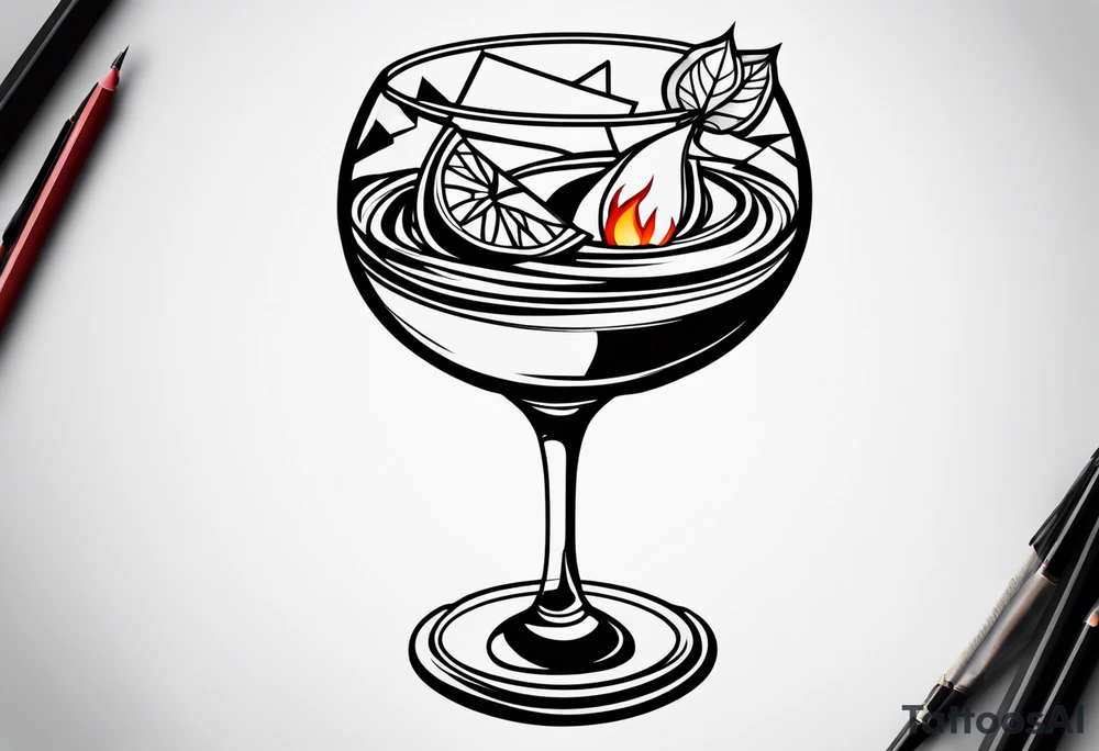 Fire envelops a cocktail glass tattoo idea