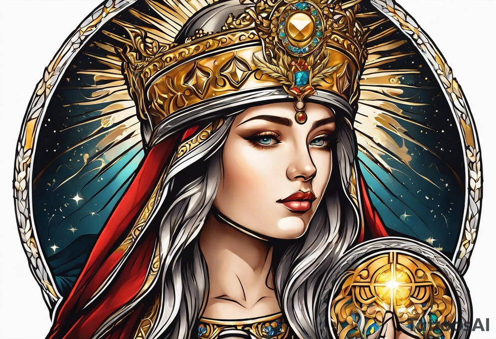 woman saint holding chalice surrounded by golden halo tattoo idea