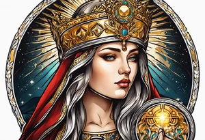 woman saint holding chalice surrounded by golden halo tattoo idea