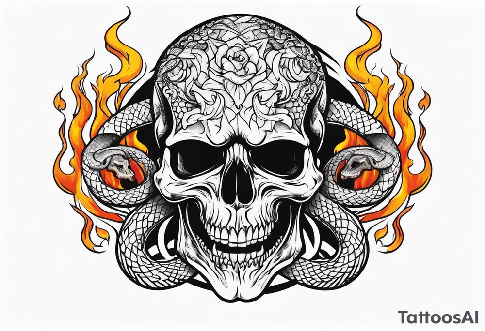 Skull with burning flames in mouth and snake through its eyes tattoo idea