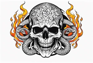 Skull with burning flames in mouth and snake through its eyes tattoo idea