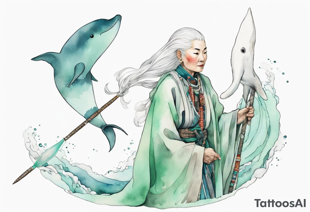 a 45-year-old Sami woman with white  hair wearing a white and mint cloak riding on the back of a narwhal tattoo idea