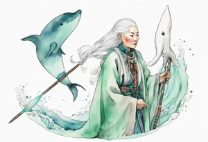 a 45-year-old Sami woman with white  hair wearing a white and mint cloak riding on the back of a narwhal tattoo idea