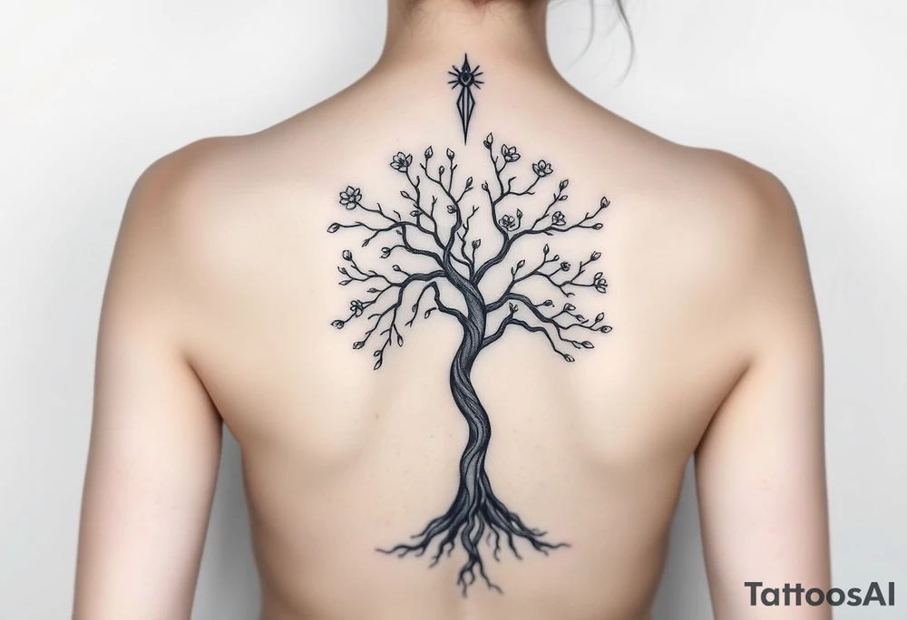 back tattoo with proverbs 31 with tree of life woman tattoo woman’s body as the trunk with no head  with roots and branches from neck with  small flowers from a few branches tattoo idea