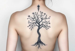 back tattoo with proverbs 31 with tree of life woman tattoo woman’s body as the trunk with no head  with roots and branches from neck with  small flowers from a few branches tattoo idea
