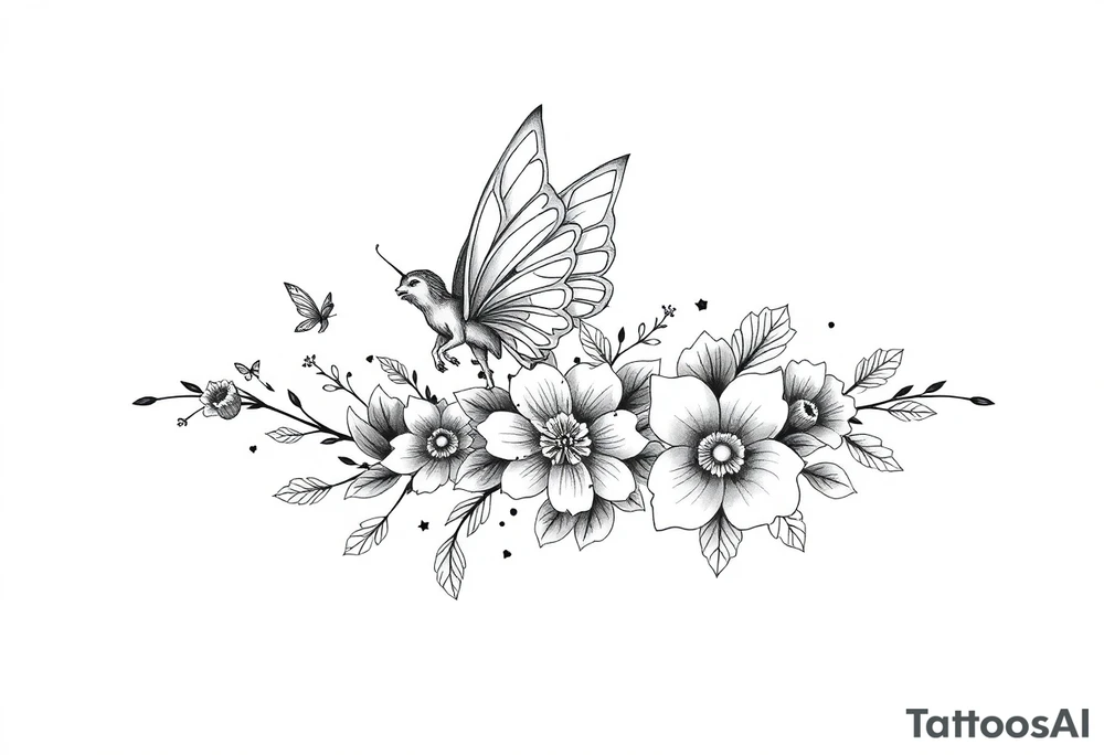 Magical powerful animal sleeve with fairies and flowers tattoo idea