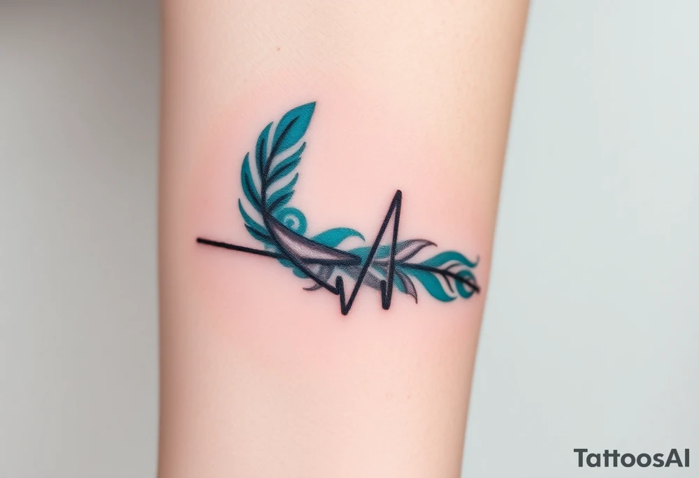 A heartbeat line curving around a delicate feather, colored in shades of teal, gray, and silver, representing lightness and freedom. tattoo idea