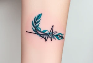 A heartbeat line curving around a delicate feather, colored in shades of teal, gray, and silver, representing lightness and freedom. tattoo idea