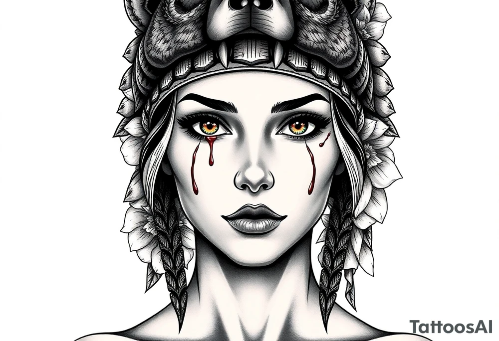 Young Symmetrical Beautiful Woman, looking forward, with colored eyes, shedding a tear, with battle scars and blood on face, with soft look, wearing a mean looking bear headdress on head, with flower background tattoo idea