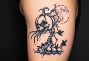 powerful realistic pumpkin head sentinel with vine and stick body, long fingers, surrounded by fog, faded moon in the upper right background with ravens and skulls at the base tattoo idea