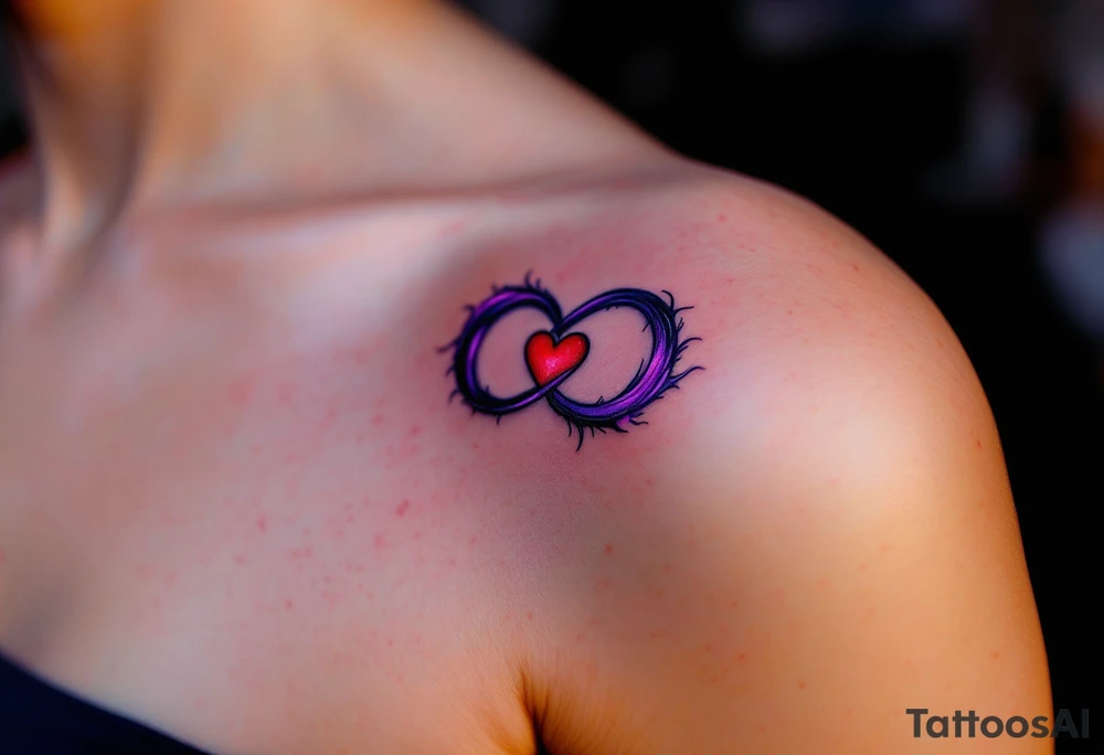 A purple and black shaded infinity symbol wrapping around a red heart in the middle. tattoo idea