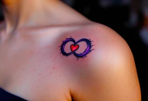 A purple and black shaded infinity symbol wrapping around a red heart in the middle. tattoo idea