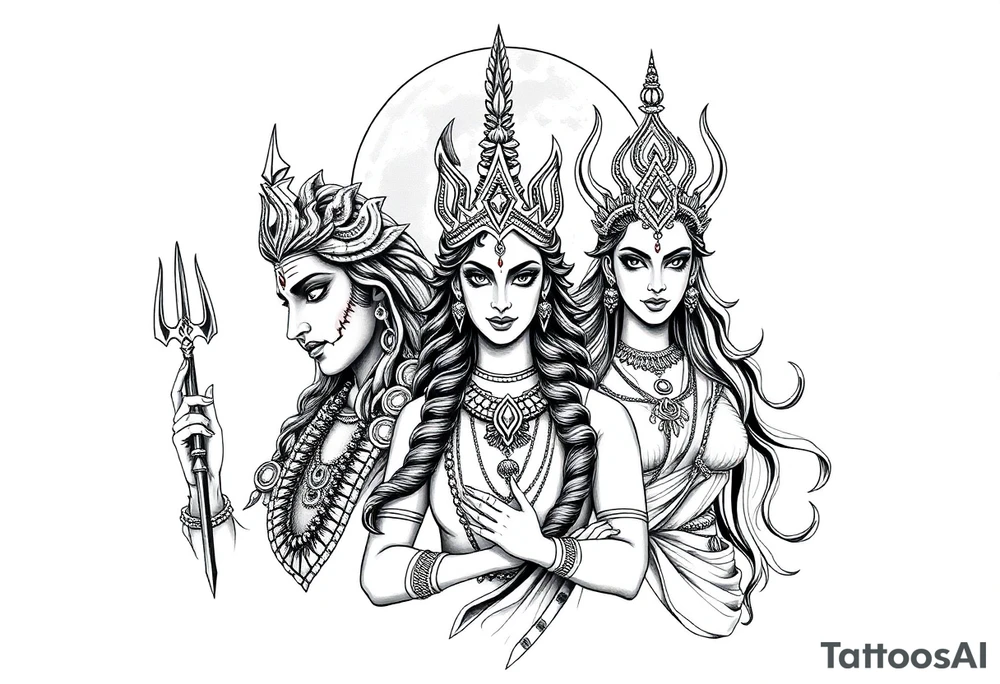 Lord Shiva, Godess Kali, Godess Lilith Together with the moon in the background tattoo idea