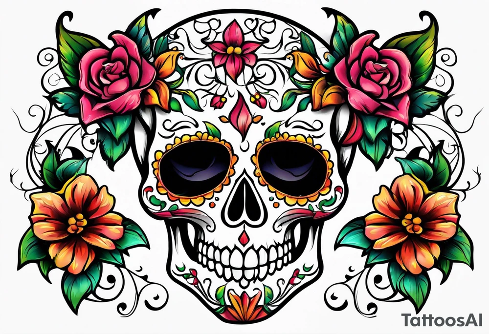 Flowers vines  bat sugar skull tattoo idea