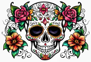 Flowers vines  bat sugar skull tattoo idea