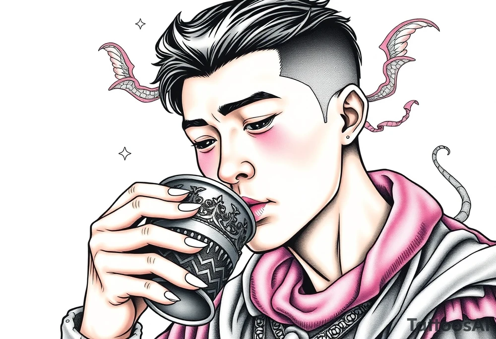 Handsome Asian young guy is drinking from medieval cup tattoo idea