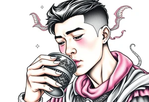 Handsome Asian young guy is drinking from medieval cup tattoo idea