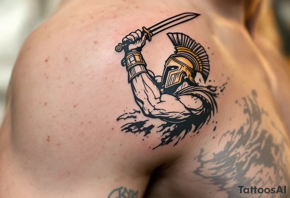 The Final Strike – A muscular gladiator mid-attack, his gladius raised high, slicing through an opponent’s shield. His bronze helmet reflects the sun, while his battle-worn leather armor is covered in dust and sweat. tattoo idea