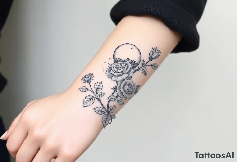 Roses wild flower vines with moon and stars mountains wrap around arm forest with cuff tattoo idea