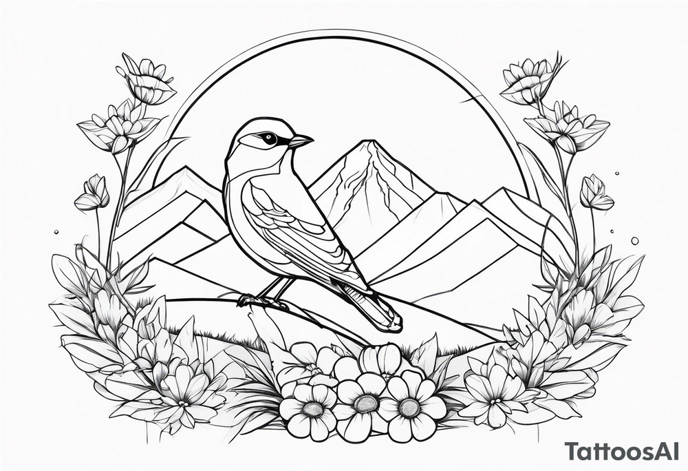 Geometric Black and white blue bird outline sitting in grass and daisys with mountains in the background tattoo idea