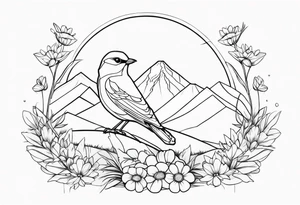 Geometric Black and white blue bird outline sitting in grass and daisys with mountains in the background tattoo idea