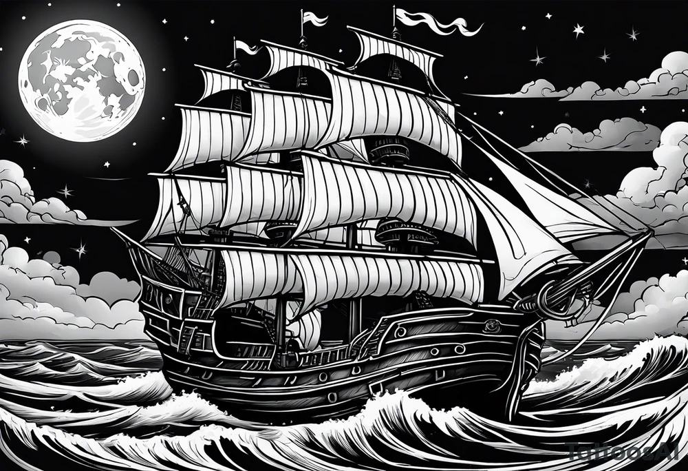 An old pirate ship sailing through rough waters during the night with a full moon tattoo idea