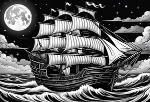 An old pirate ship sailing through rough waters during the night with a full moon tattoo idea