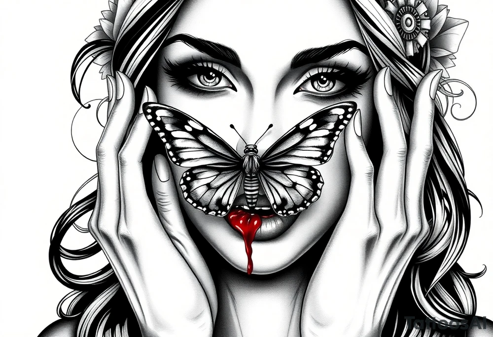 Black and grey realism tattoo design of a beautiful woman's face. And a butterfly landing g on her on the upper bridge of her nose so that the lower wings of the butterfly is covering both her eyes  the butterflys right lower wing is covering her right eye and the lower left of the butterfly wing is covering her left eye  (see no evil), she is bitting on her lip hard to where it is bleeding bright red(speak no evil). Wuth her left hand iver her left ear and her right hard over her right ear ( hear no evil )The style is black and grey realism, hyper-realistic, dark, and evil. Incorporate ninja gear elements and mechanical details (gears) subtly into the background or clothing for a gear ninja evil look. Design for a full forearm sleeve placement tattoo idea