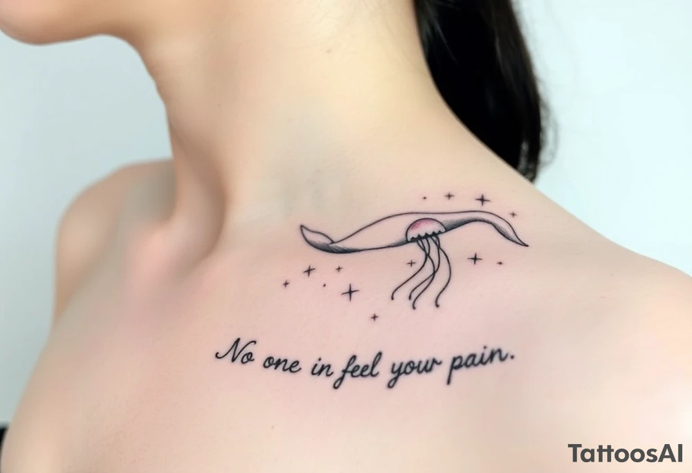 52hz Whale and jellyfish among the stars with the words No one can feel your pain 5x5 size tattoo idea