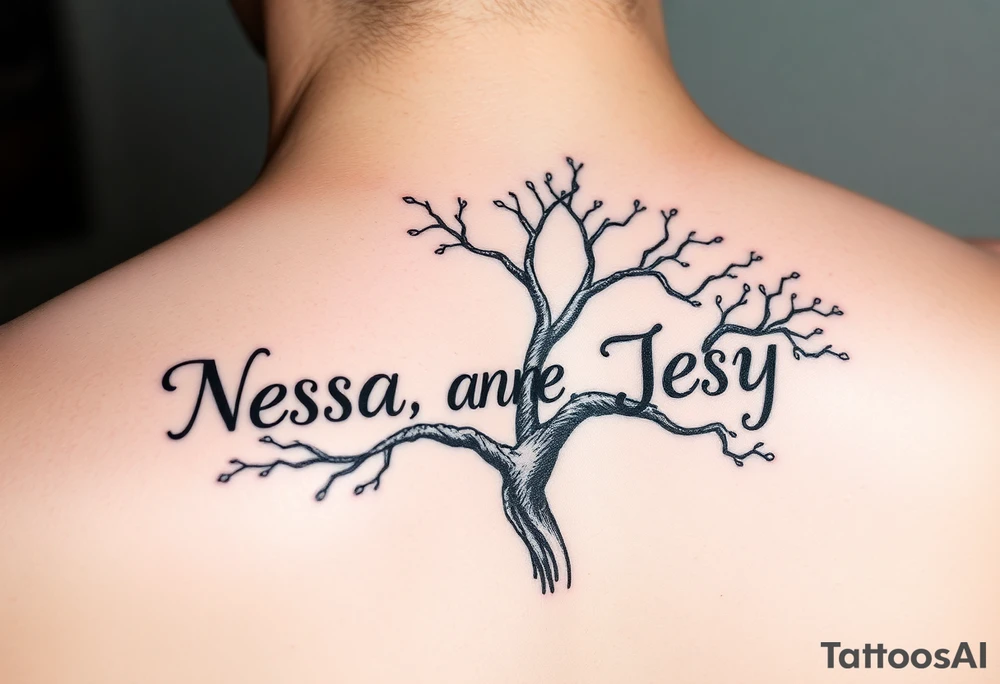 the name Nessa, Anne, Jessy in a live tree tattoo idea
