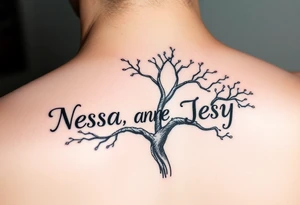 the name Nessa, Anne, Jessy in a live tree tattoo idea