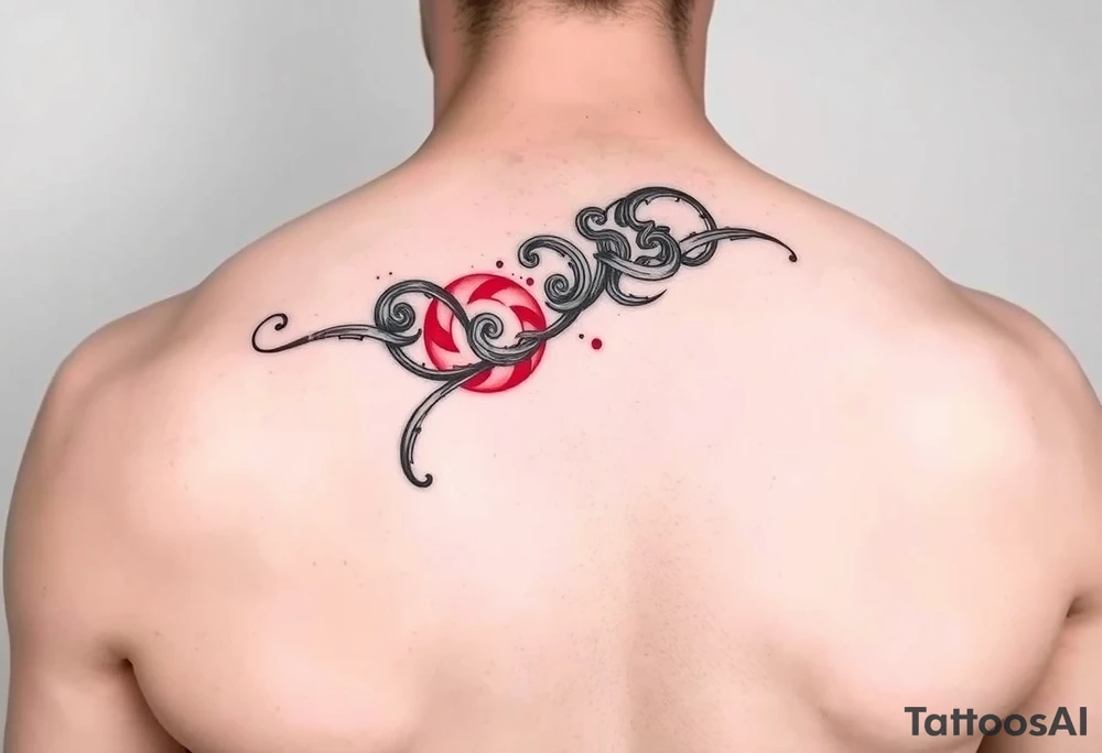 Tattoo line art, long thin band, Greek meander fusion with neo-tribal and Chinese elements, black and red, 10:1 ratio tattoo idea