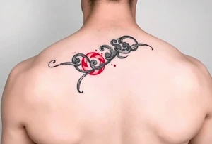 Tattoo line art, long thin band, Greek meander fusion with neo-tribal and Chinese elements, black and red, 10:1 ratio tattoo idea